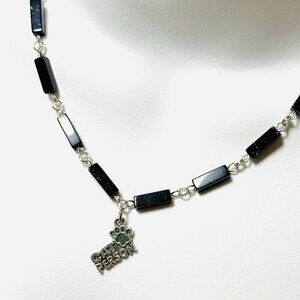 Dark Blue Goldstone Short Necklace w/ Silver Cat Person Paw Print Charm